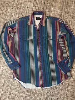 Vintage Frontier Series Striped Button-Up Shirt in Teal, Navy & Magenta (C)